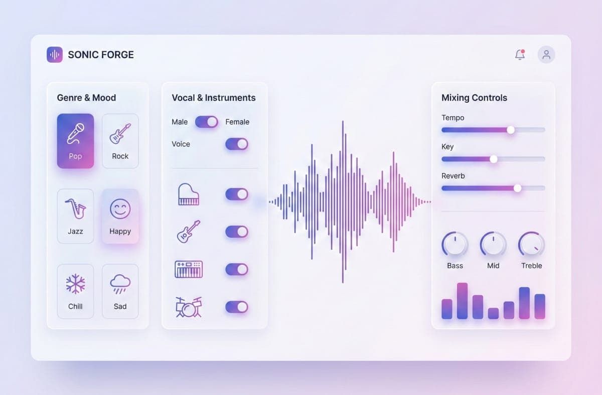 Music customization interface showing style, genre, mood and vocal options